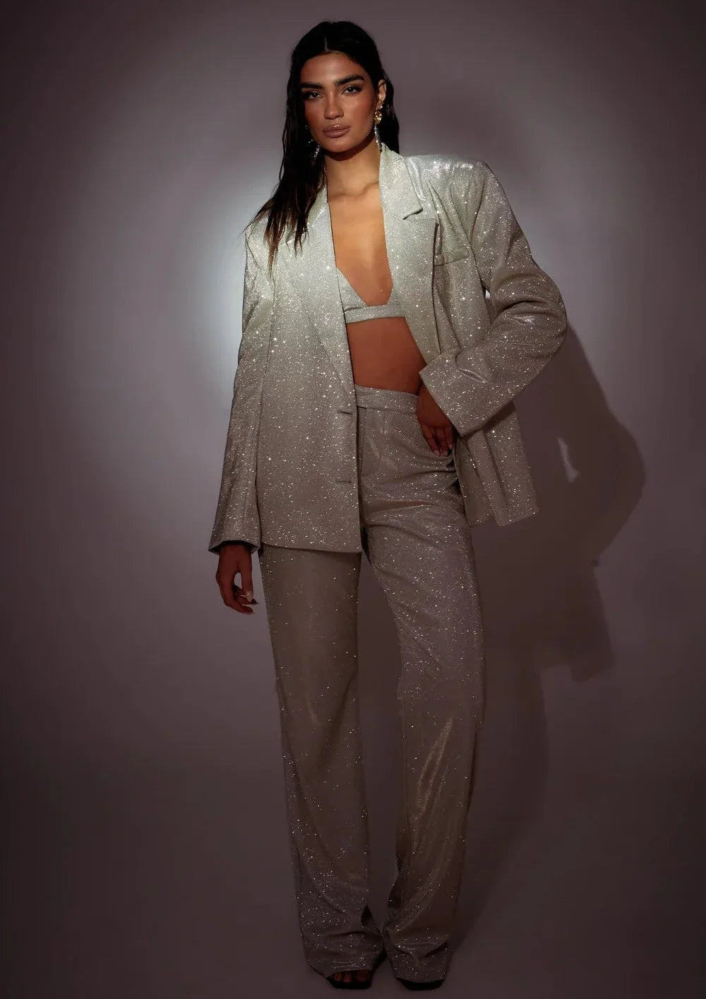 Sparkly beige blazer and pants co-ord set on model — SLA The Label | Endless UAE