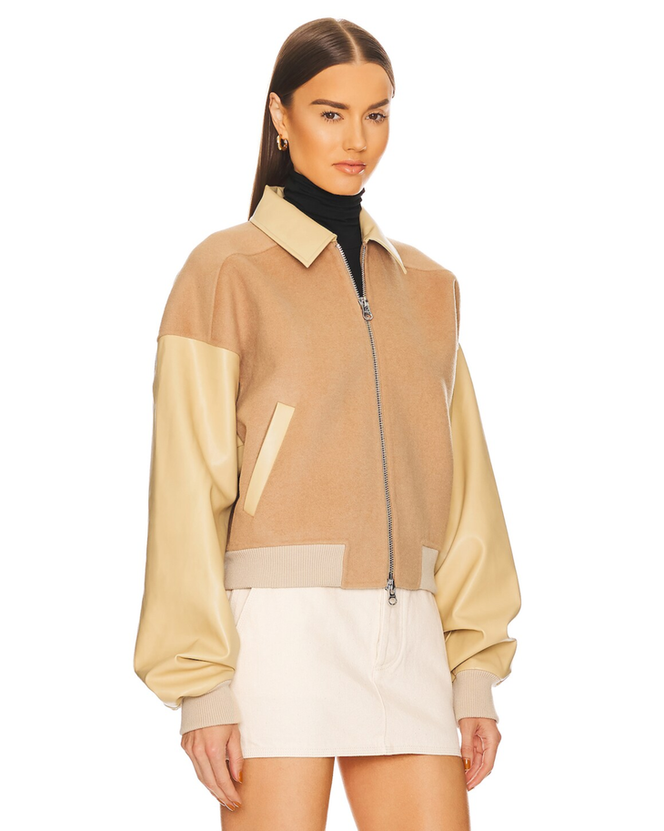 Faux Leather & Wool Blend Bomber in camel and cream — Helsa | Endless UAE
