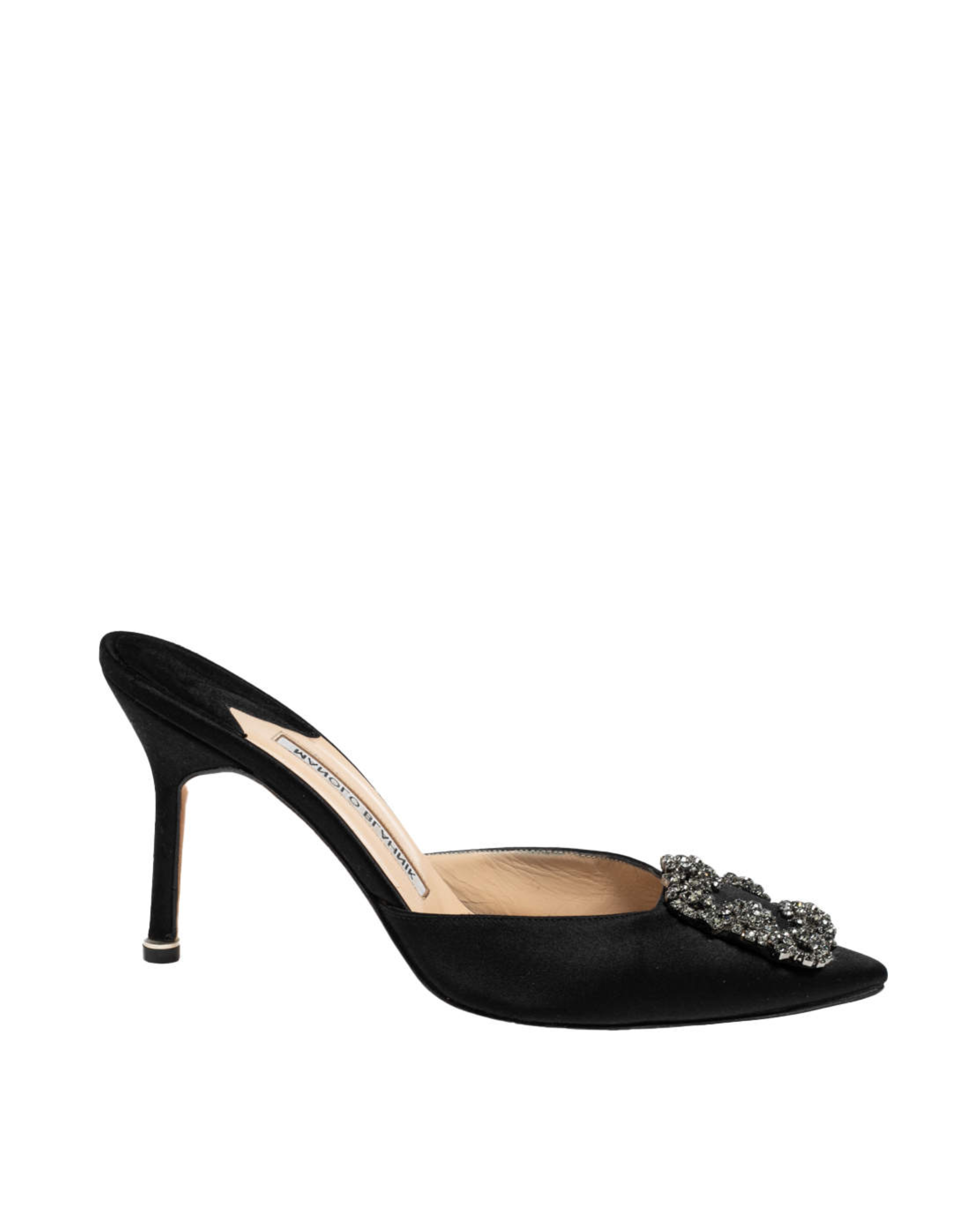 Black satin pointed-toe mules with crystal buckle detail — Manolo Blahnik | Endless UAE