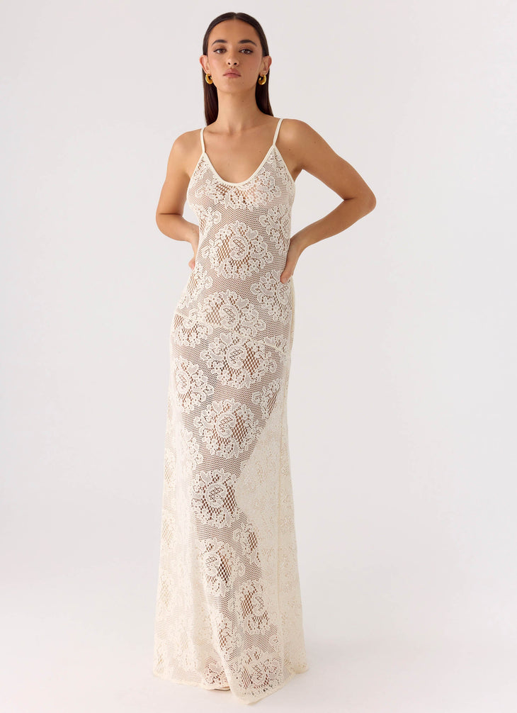 Annalee Maxi Dress in cream lace with V-neckline and thin straps — Peppermayo | Endless UAE