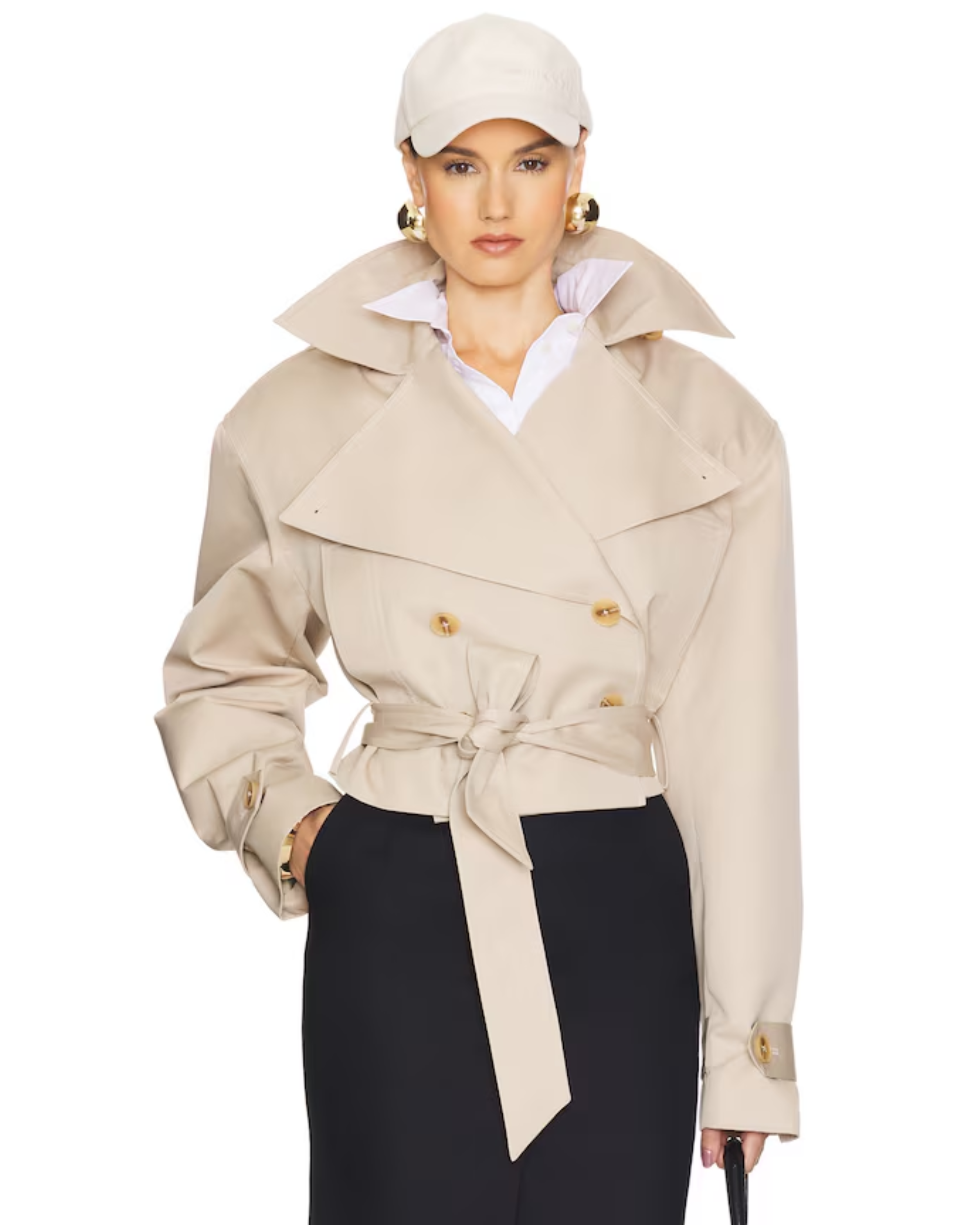Oversized Cropped Trench in cream with double-breasted buttons and tie belt — Helsa | Endless UAE