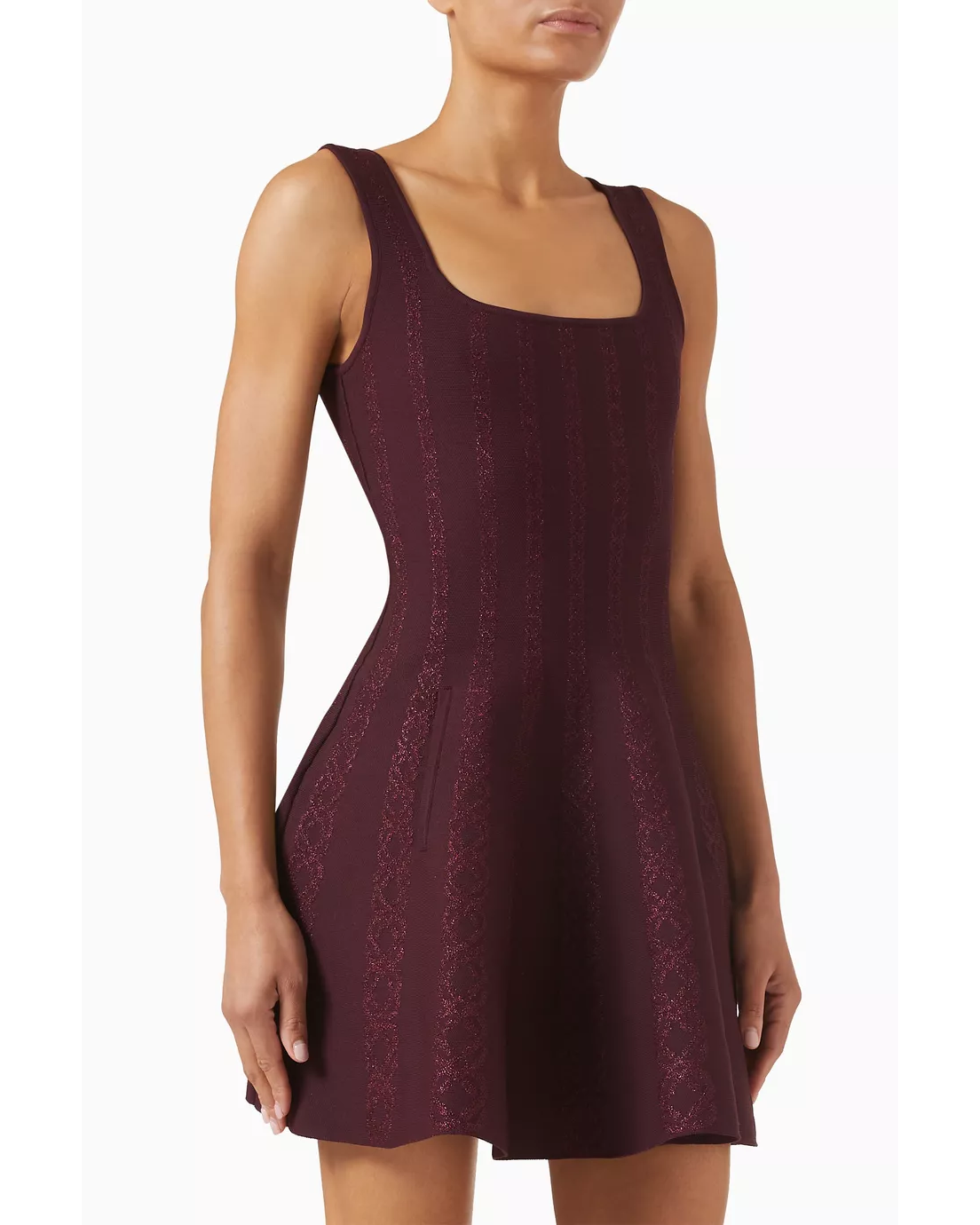 Burgundy sleeveless A-line dress with vertical lurex stripes — Maje | Endless UAE
