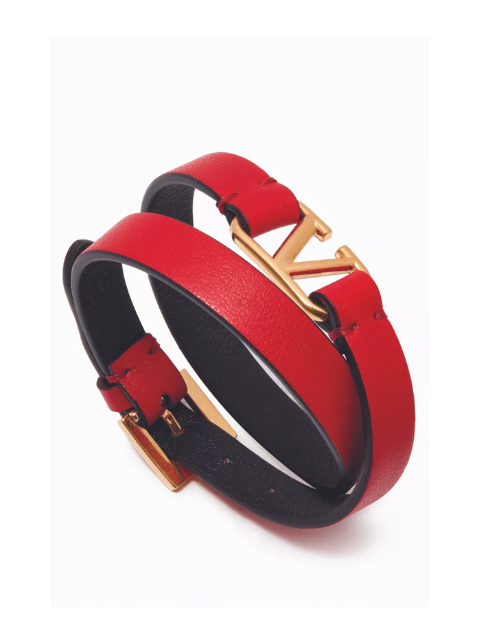 Red leather double-strap bracelet with gold VG logo — Valentino Garavani | Endless UAE