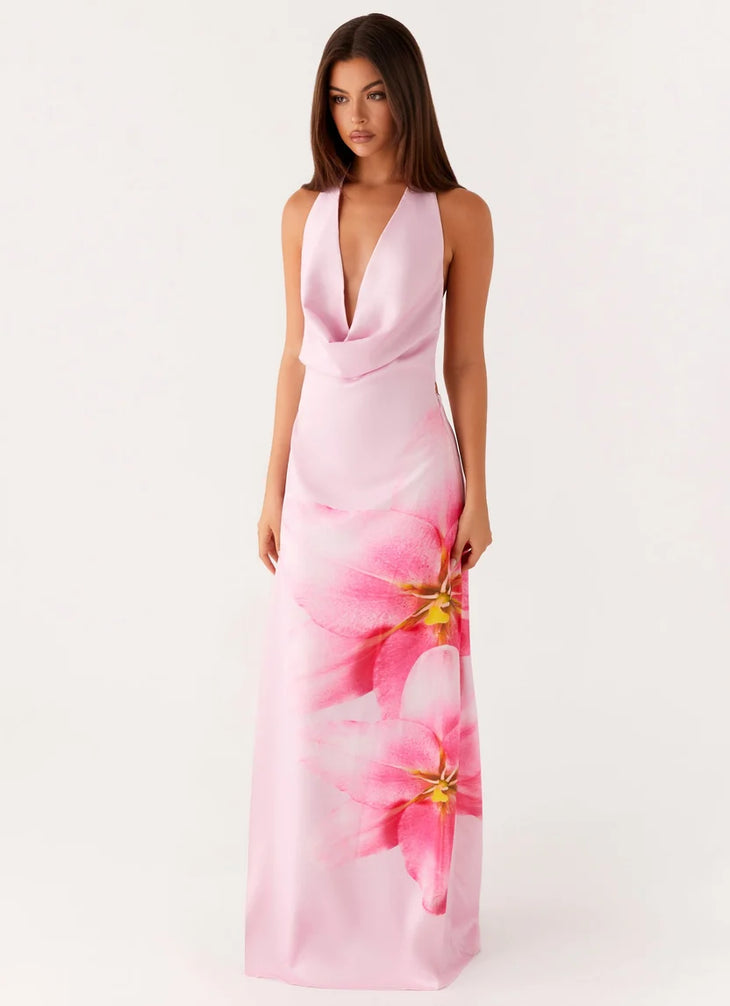 Pink cowl neck sleeveless maxi dress with floral print detail — Peppermayo | Endless UAE