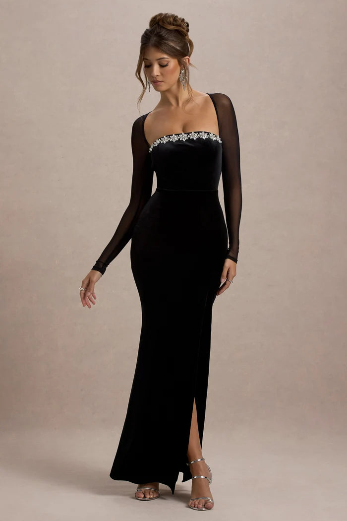 Black velvet maxi dress with embellished neckline and long sheer sleeves — Club L London | Endless UAE