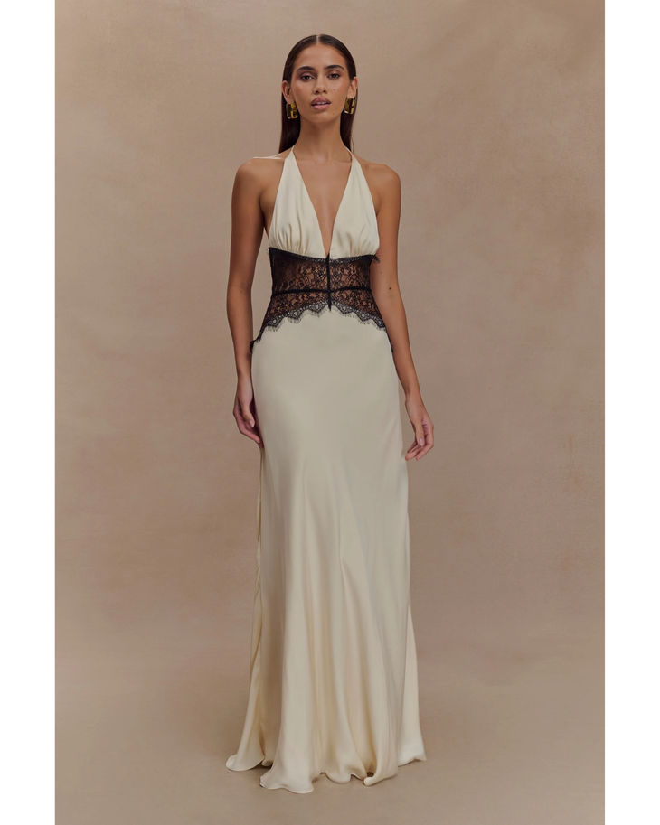 Cream halter neck gown with black lace waist detail and flowing satin skirt — Meshki | Endless UAE