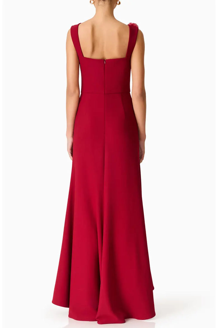 Red sleeveless high-low gown with floral embellishments on shoulders and side — Elliatt | Endless UAE