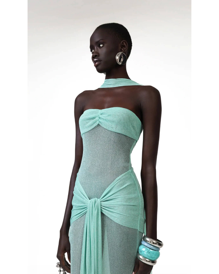 Kesca Dress in mint green with halter neckline and draped skirt detail — Khanums | Endless UAE