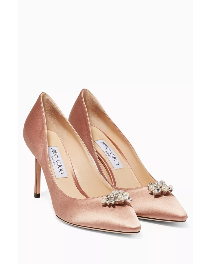 Pair of ballet pink satin pumps with jeweled toe embellishment — Jimmy Choo | Endless UAE
