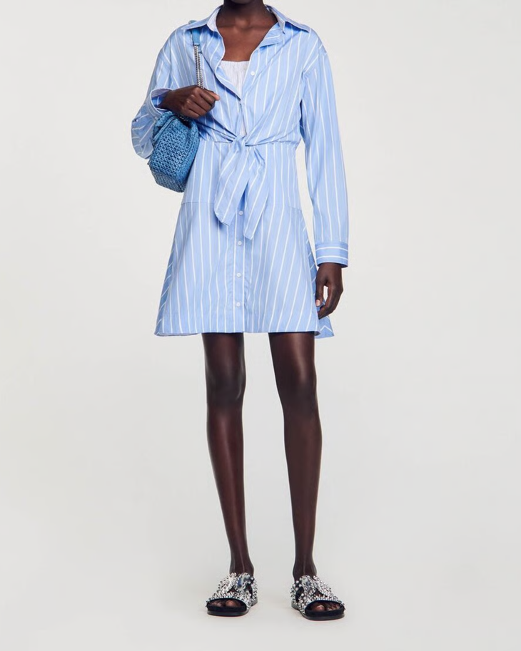 Light blue striped tie-front shirt dress with long sleeves — Sandro | Endless UAE