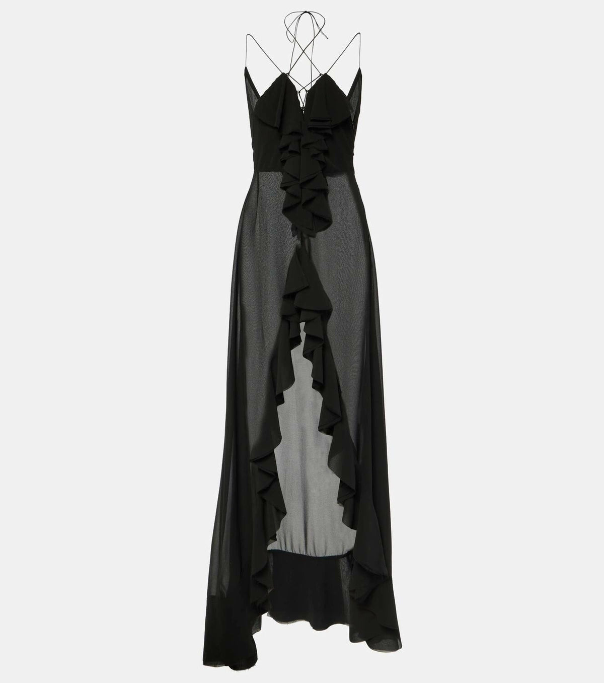 Black ruffled chiffon maxi dress with sheer overlay and strappy back — Banahot | Endless UAE