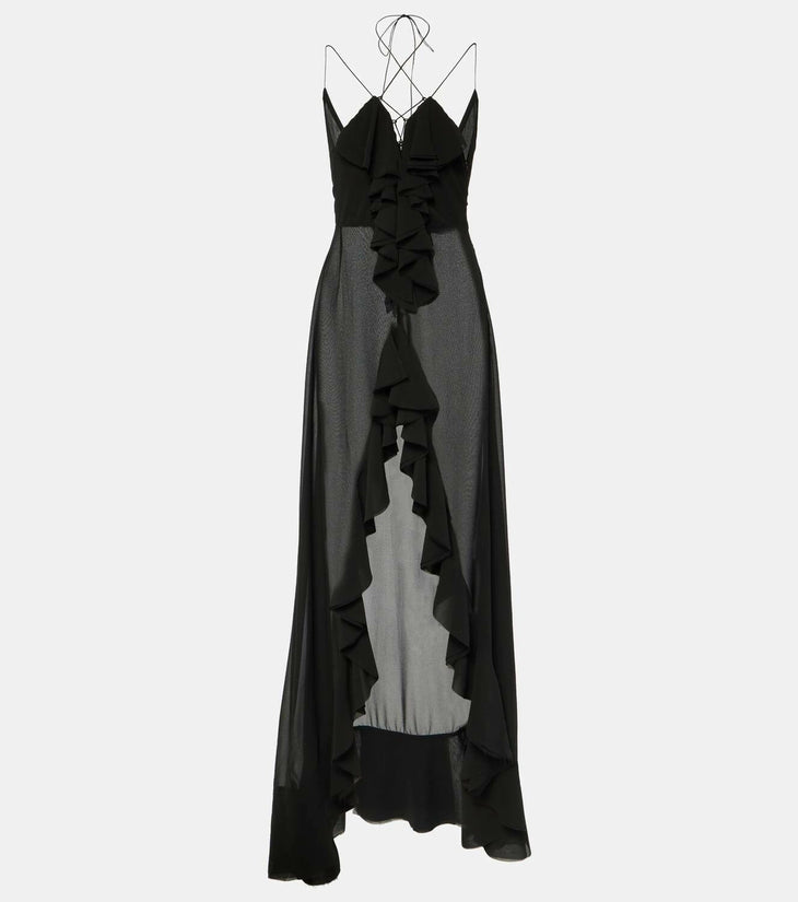 Black ruffled chiffon maxi dress with sheer overlay and strappy back — Banahot | Endless UAE