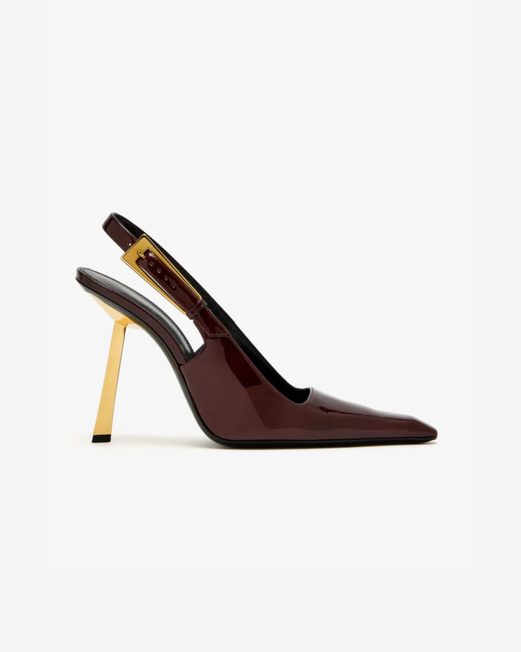 Burgundy patent leather slingback pump with gold heel — Saint Laurent | Endless UAE