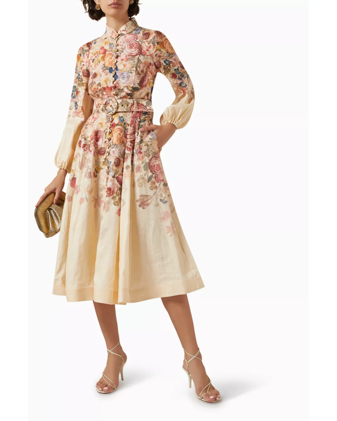 Luminosity Buttoned Midi Dress in cream floral print with puffed sleeves — Zimmermann | Endless UAE