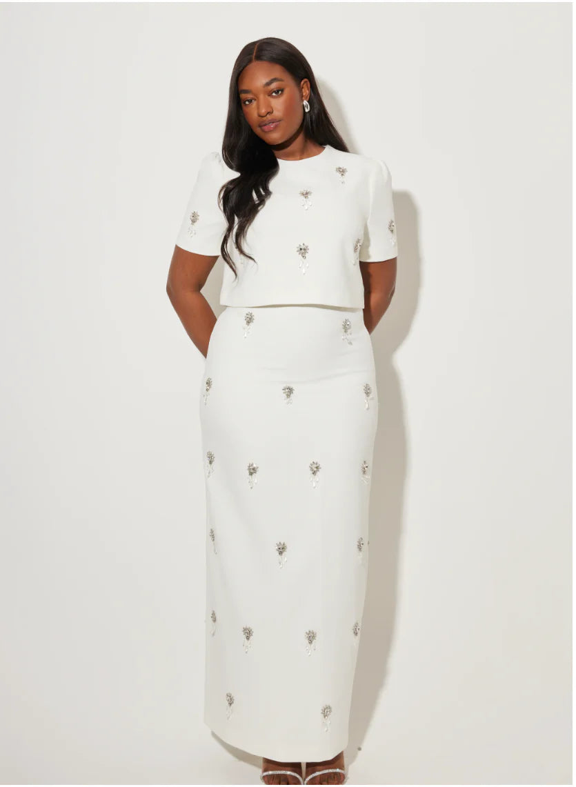 Crystal-embellished white maxi skirt with beige waistband on model — Odd Muse | Endless UAE