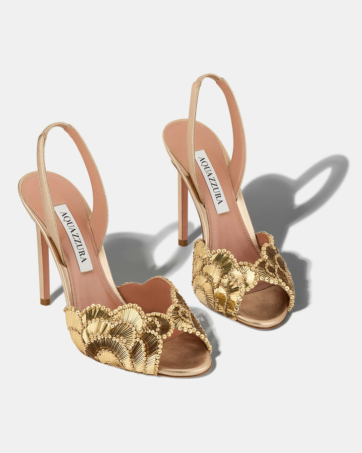 Gold embellished peep-toe heels with scalloped shell design — Aquazzura | Endless UAE