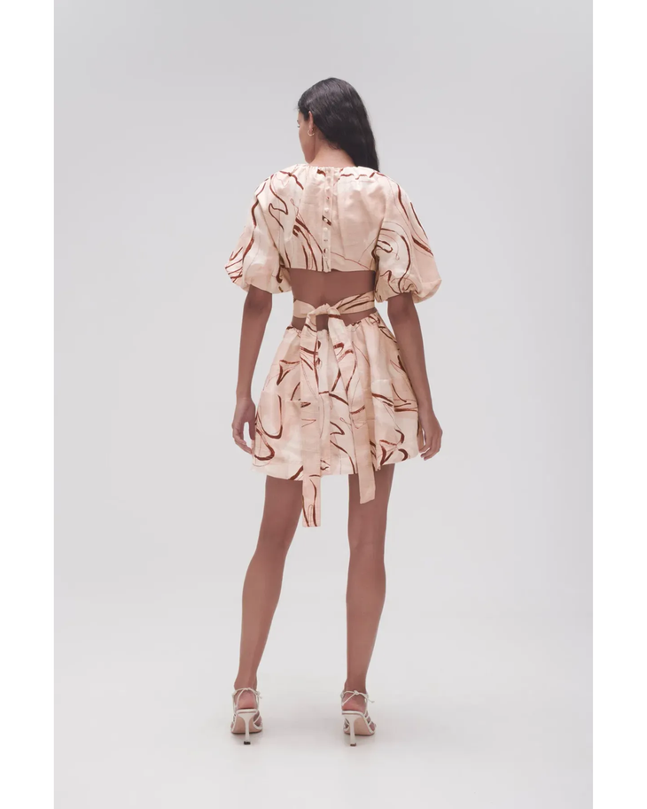 Psychedelia Cut Out Mini Dress in cream with abstract print and puff sleeves — Aje | Endless UAE