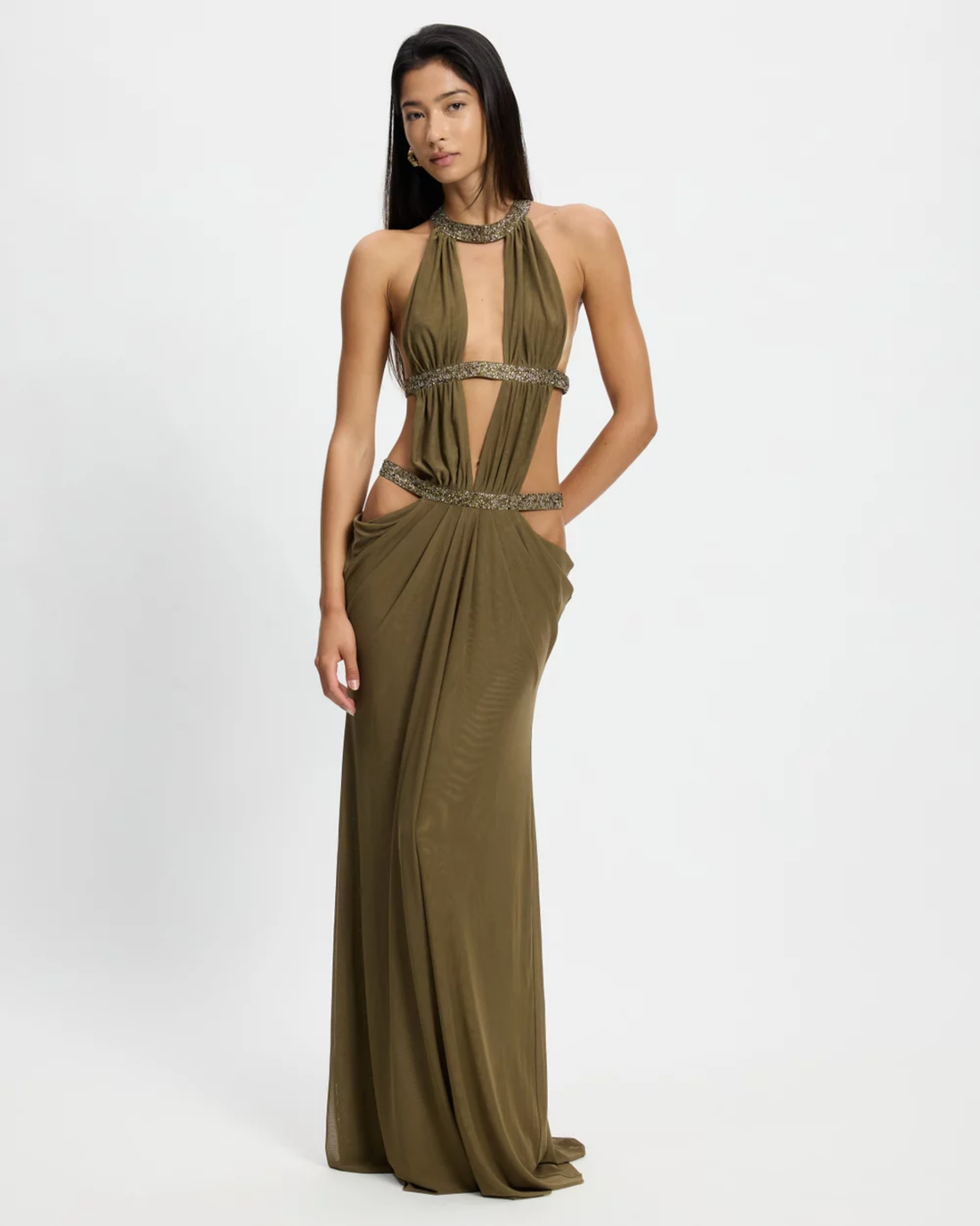Olive green halter maxi dress with beaded cutout details and draped skirt — Jaded London | Endless UAE