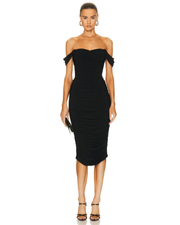 Woman wearing black off-shoulder ruched midi dress with bow details — Norma Kamali | Endless UAE