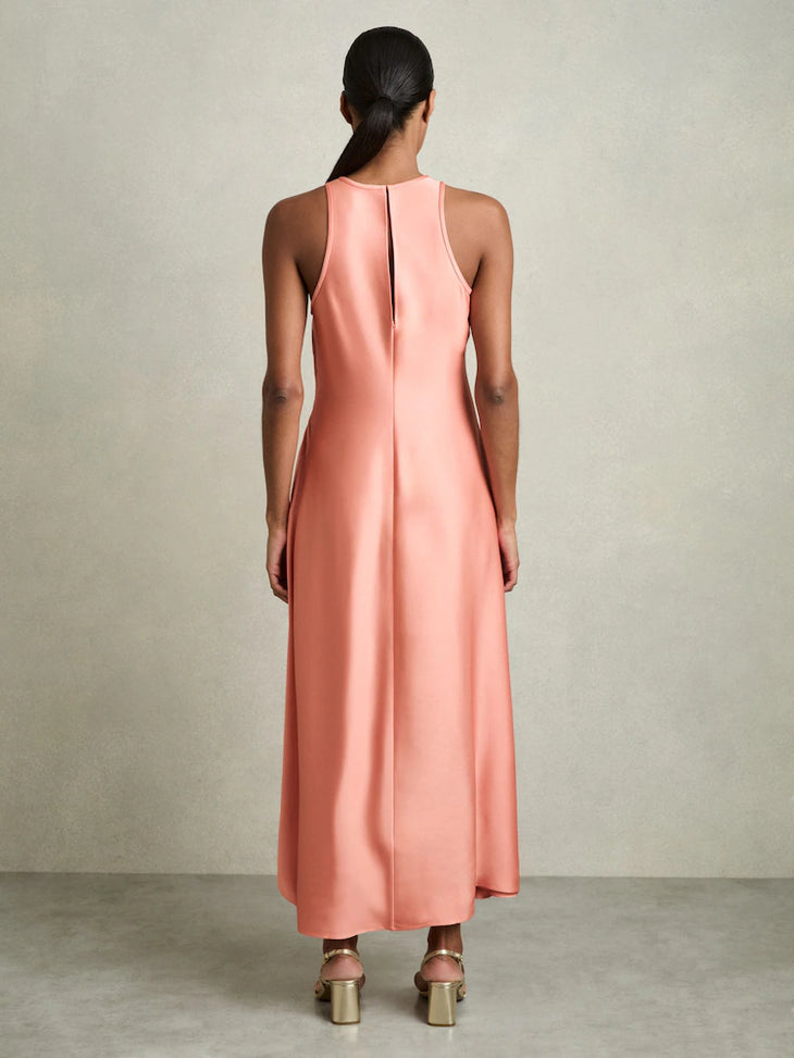 Coral satin sleeveless midi dress with ruched side detail and asymmetrical hem — Reiss | Endless UAE