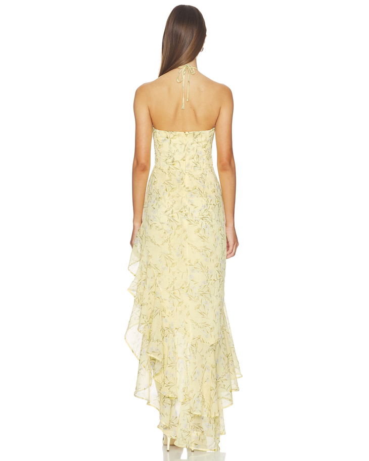 Carlina Dress in pale yellow floral print with halter neckline and asymmetrical ruffle hem — Amanda Uprichard | Endless UAE