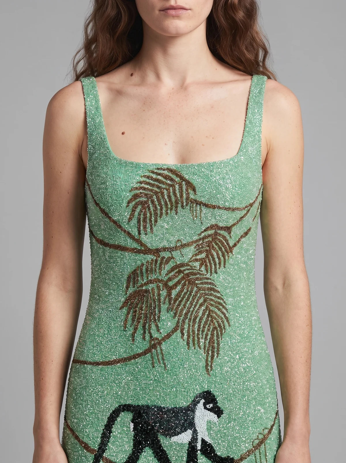 Green hand-beaded crystal mini dress with botanical motifs — Oceanus | Endless UAE