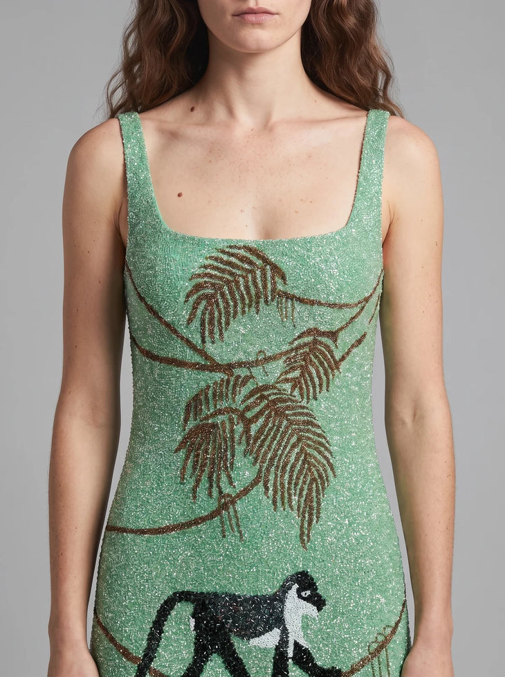 Green hand-beaded crystal mini dress with botanical motifs — Oceanus | Endless UAE