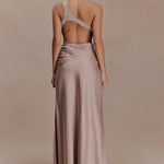 Lyla Dress in beige one-shoulder maxi with flowing silhouette — Meshki | Endless UAE