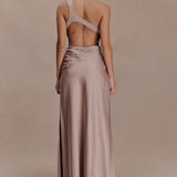 Lyla Dress in beige one-shoulder maxi with flowing silhouette — Meshki | Endless UAE
