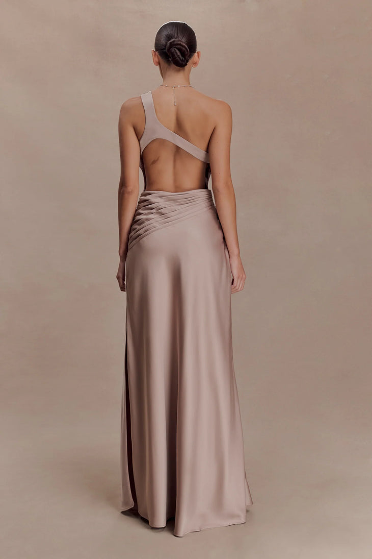 Lyla Dress in beige one-shoulder maxi with flowing silhouette — Meshki | Endless UAE