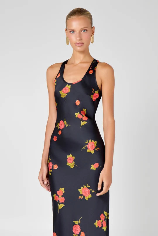 Florence Dress black with red and yellow floral print, sleeveless maxi gown — Hyphen | Endless UAE