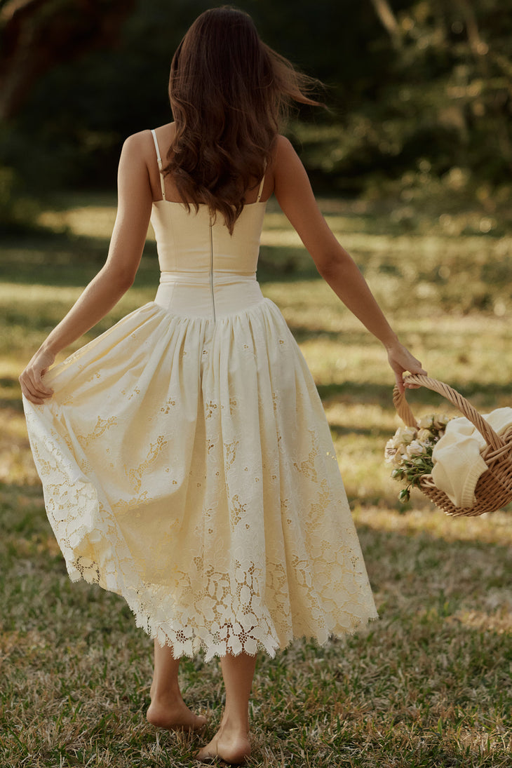 Cream lace broderie anglaise midi sundress with spaghetti straps and decorative hem — House of CB | Endless UAE
