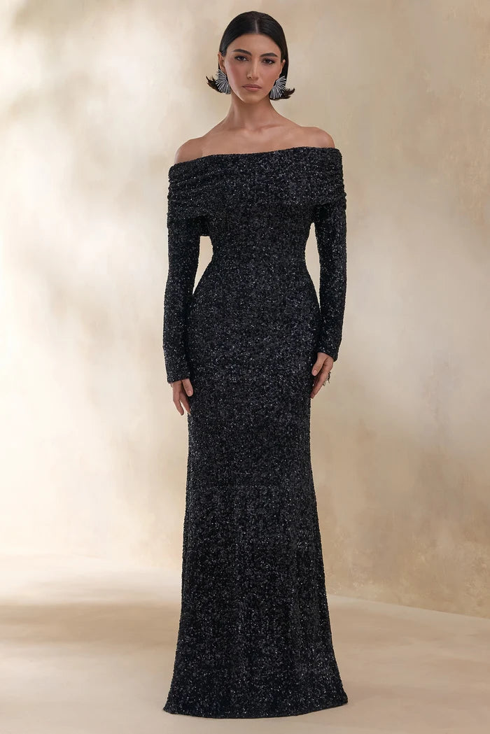Black sequin bardot-neck maxi dress with off-shoulder neckline — Club L London | Endless UAE