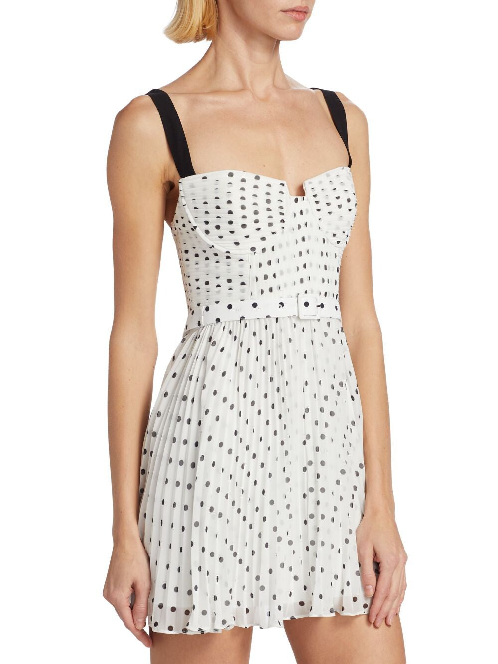 White polka dot chiffon mini dress with black straps and belt — Self-portrait | Endless UAE