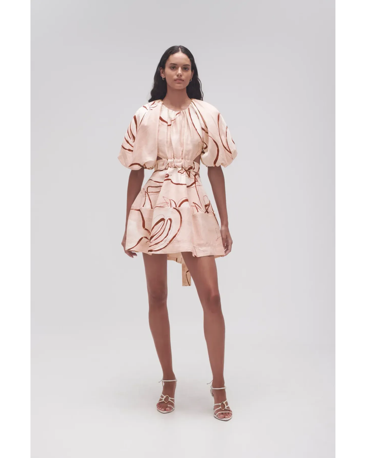 Psychedelia Cut Out Mini Dress in cream with abstract print and puff sleeves — Aje | Endless UAE