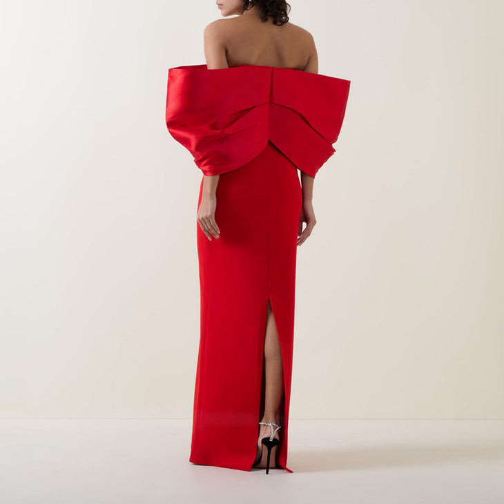Red off-shoulder gown with dramatic ruffled collar detail — Solace London | Endless UAE