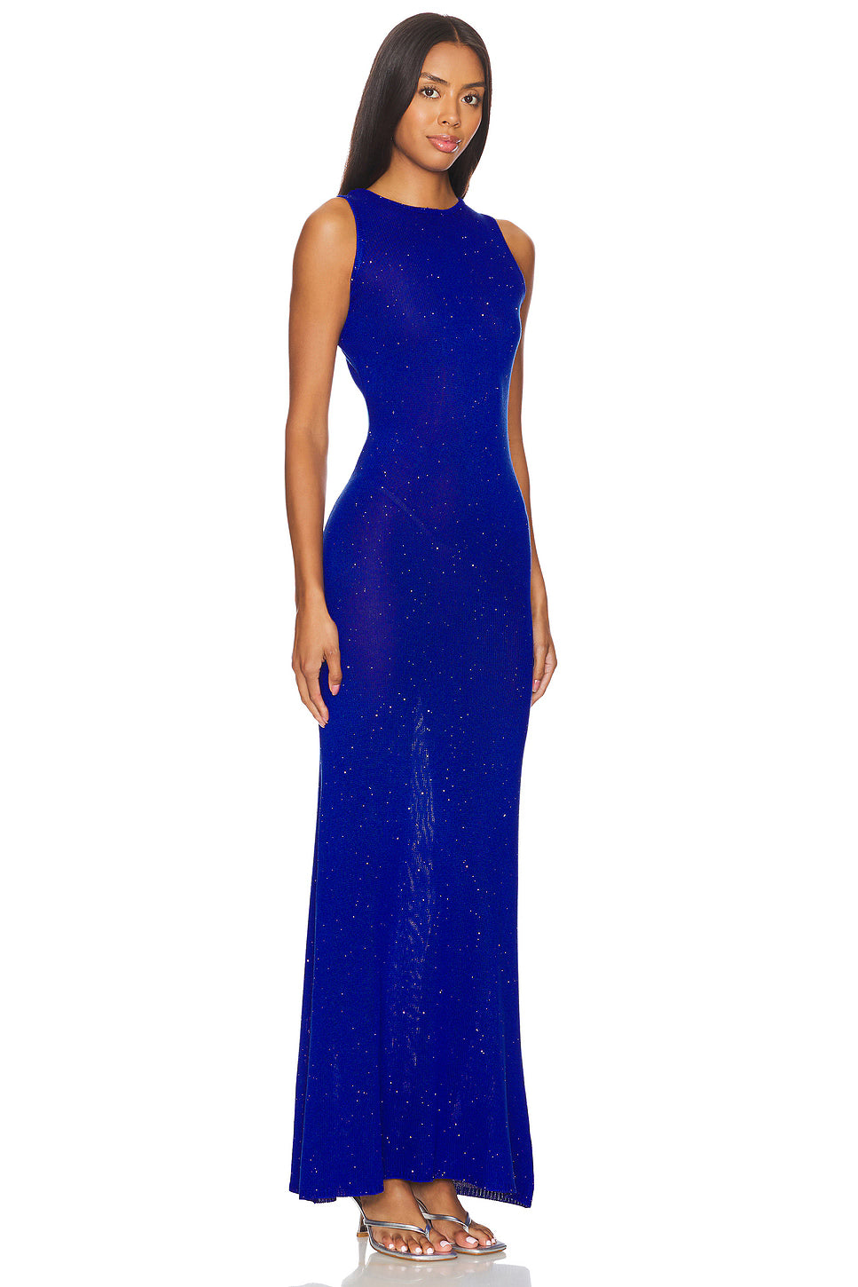 Woman wearing electric blue sequined sleeveless maxi dress — Runaway the label | Endless UAE