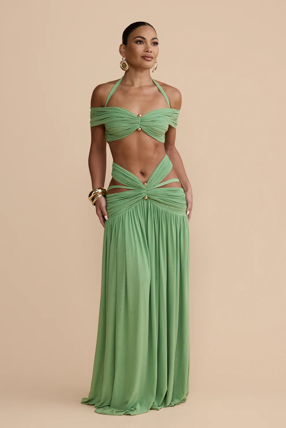 Martina Co-ord Set in sage green with ruched details and gold accents — Melani The Label | Endless UAE
