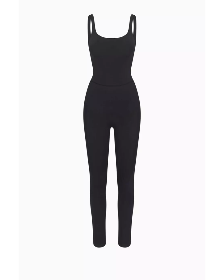 Black seamless catsuit with tank straps and full-length legs — Skims | Endless UAE