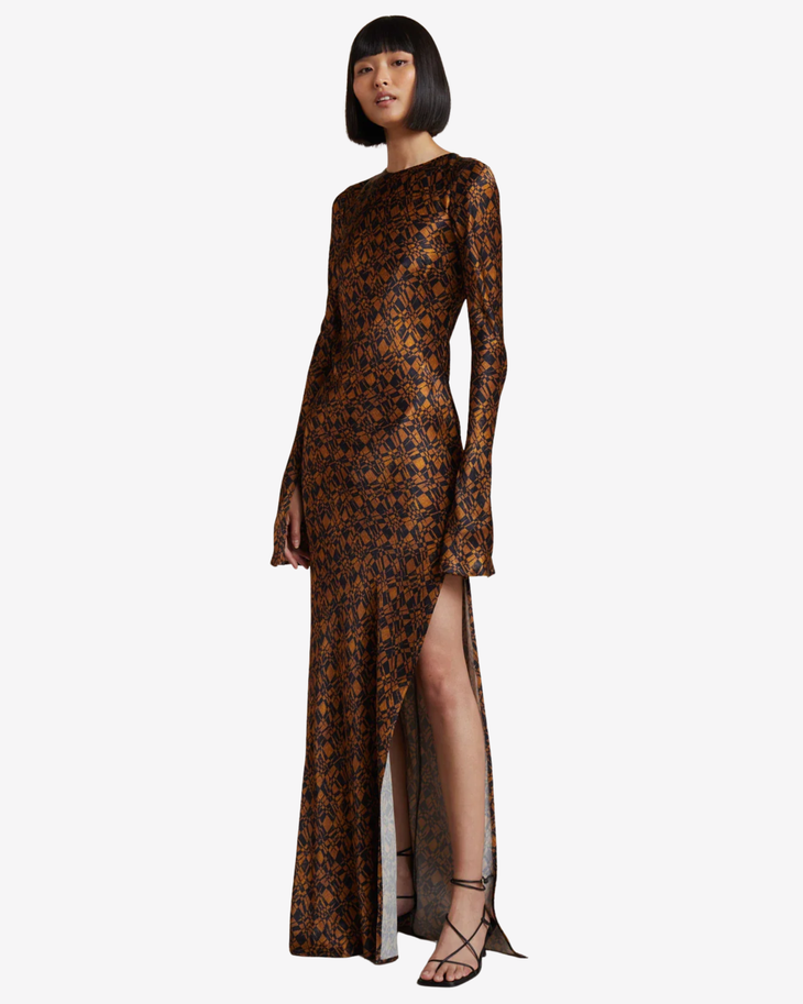 Bronze floral lace maxi dress with long sleeves and high slit — Bec + Bridge | Endless UAE