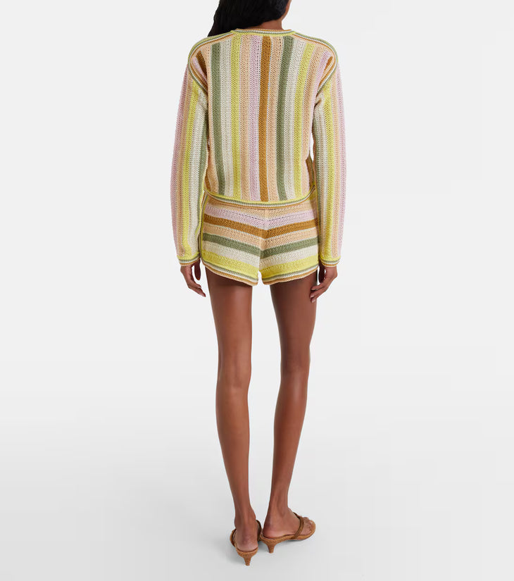 Woman wearing yellow striped crochet shorts set with matching cardigan and straw bag — Zimmermann | Endless UAE
