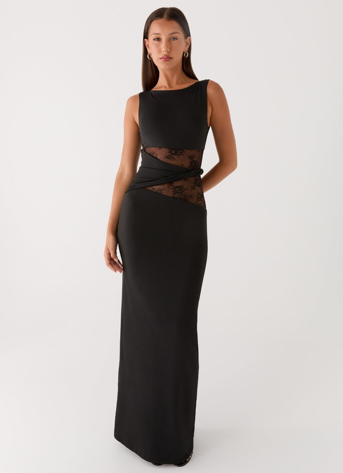 Black sleeveless maxi dress with sheer lace waist detail — Peppermayo | Endless UAE