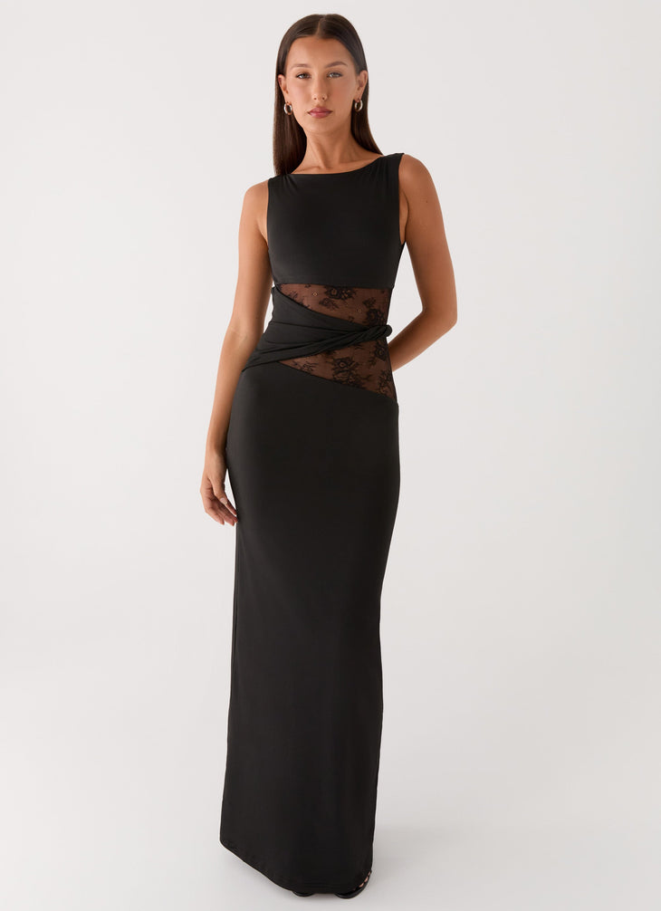 Black sleeveless maxi dress with sheer lace waist detail — Peppermayo | Endless UAE