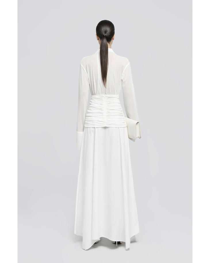Campa Maxi Dress in cream features a collared shirt top with ruched waist detail and flowing maxi skirt — Chats By C.Dam | Endless UAE