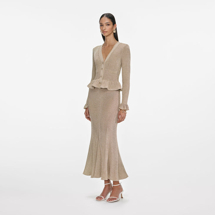 Gold Lurex Peplum Knit Midi Dress with V-neckline and ruffled waist detail — Self-Portrait | Endless UAE