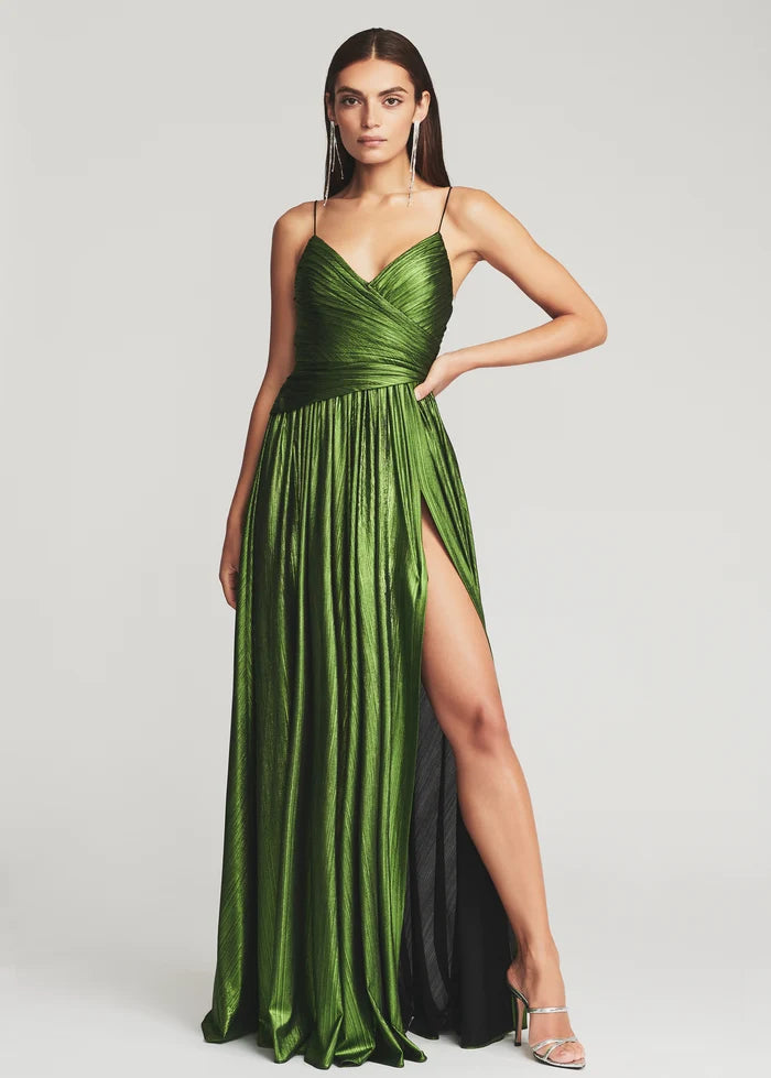 Green metallic pleated wrap dress with spaghetti straps and high slit — Retrofete | Endless UAE