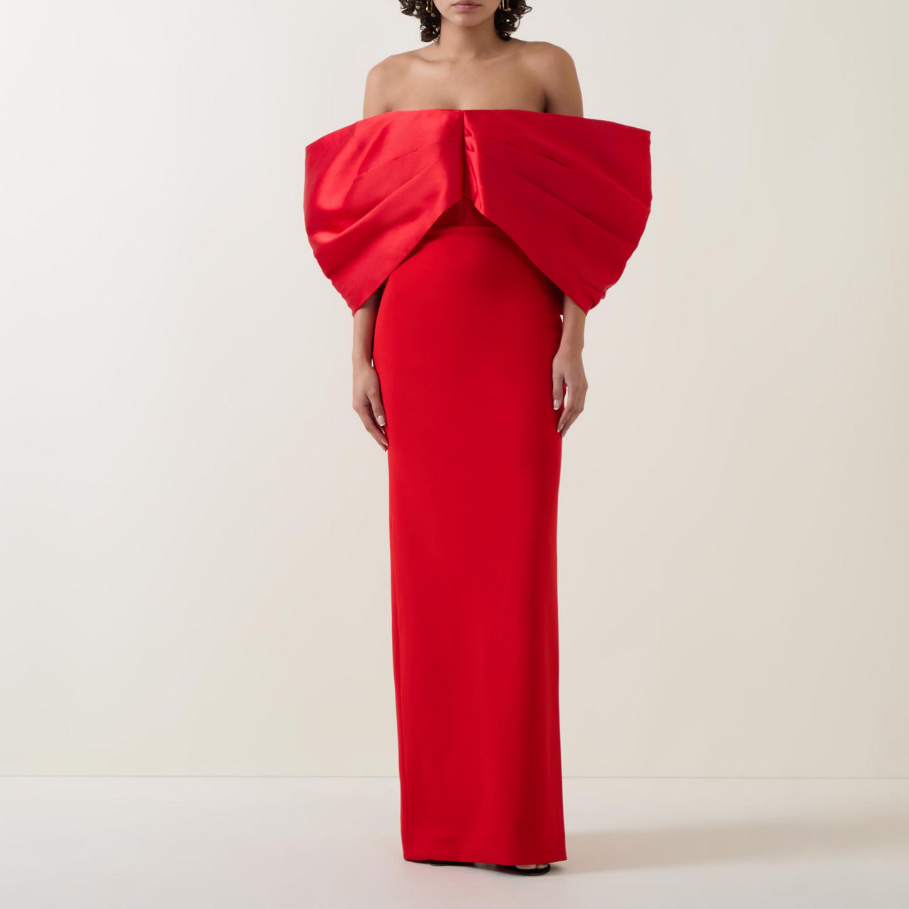 Red off-shoulder gown with dramatic ruffled collar detail — Solace London | Endless UAE
