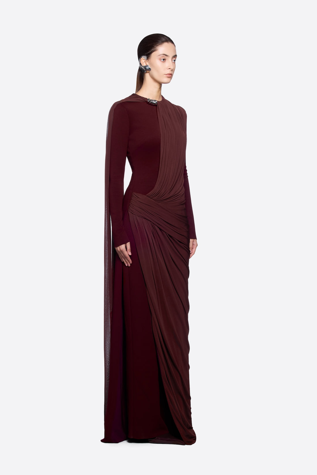 Burgundy draped long-sleeve gown with elegant ruching detail — Chats By C.Dam | Endless UAE