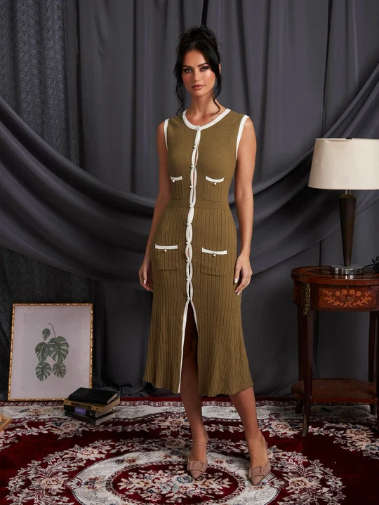 Pearl Knit Dress in Olive with cream trim and pocket details — Marble | Endless UAE