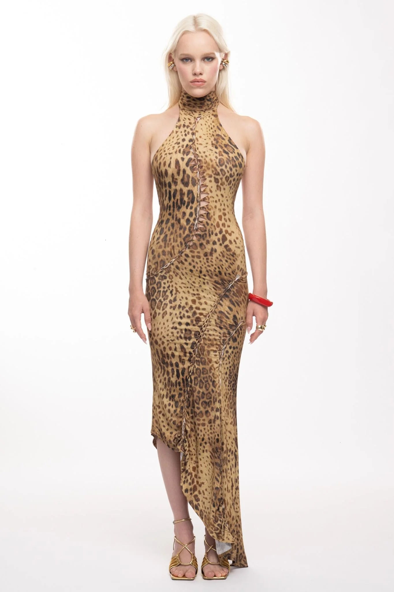 Leopard print halter neck maxi dress with asymmetrical draped hem — The Kript | Endless UAE